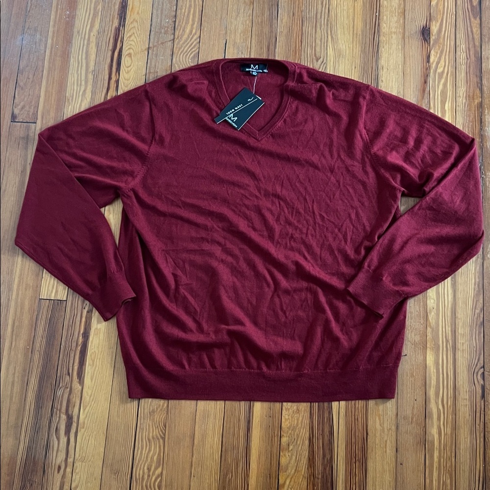 MAGASCHONI Men's XL/T 100% Wool V-Neck Sweater Pullover Dark Red Holiday NWT